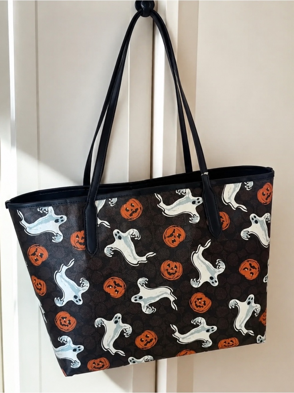 Coach Brown Tote with White Ghosts & Orange Pumpkins - Picture 2 of 3